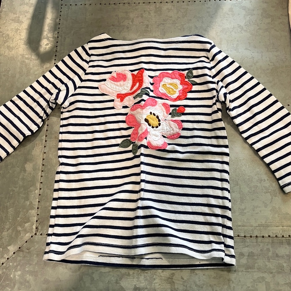 Mini Boden shirt. Blue/white striped with pink flowers.  Size 3-4